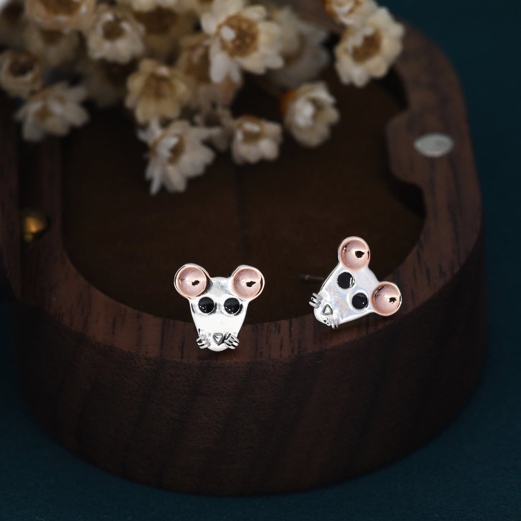 Mouse Stud Earrings in Sterling Silver, Sterling Silver Rat Earrings, Rose Gold Coated, Nature Inspired Animal Earrings