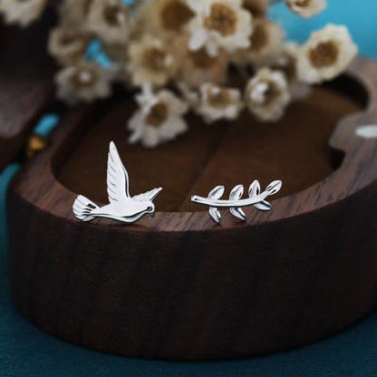 Mismatched Peace Dove and Olive Branch Stud Earrings in Sterling Silver, Asymmetric Peace Bird and Leaf Earrings