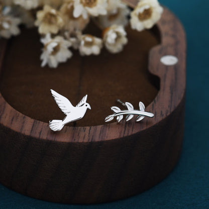 Mismatched Peace Dove and Olive Branch Stud Earrings in Sterling Silver, Asymmetric Peace Bird and Leaf Earrings