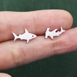 Mismatched Shark 16G Internally Threaded Flat Back Earrings in Sterling Silver, Animal Earrings
