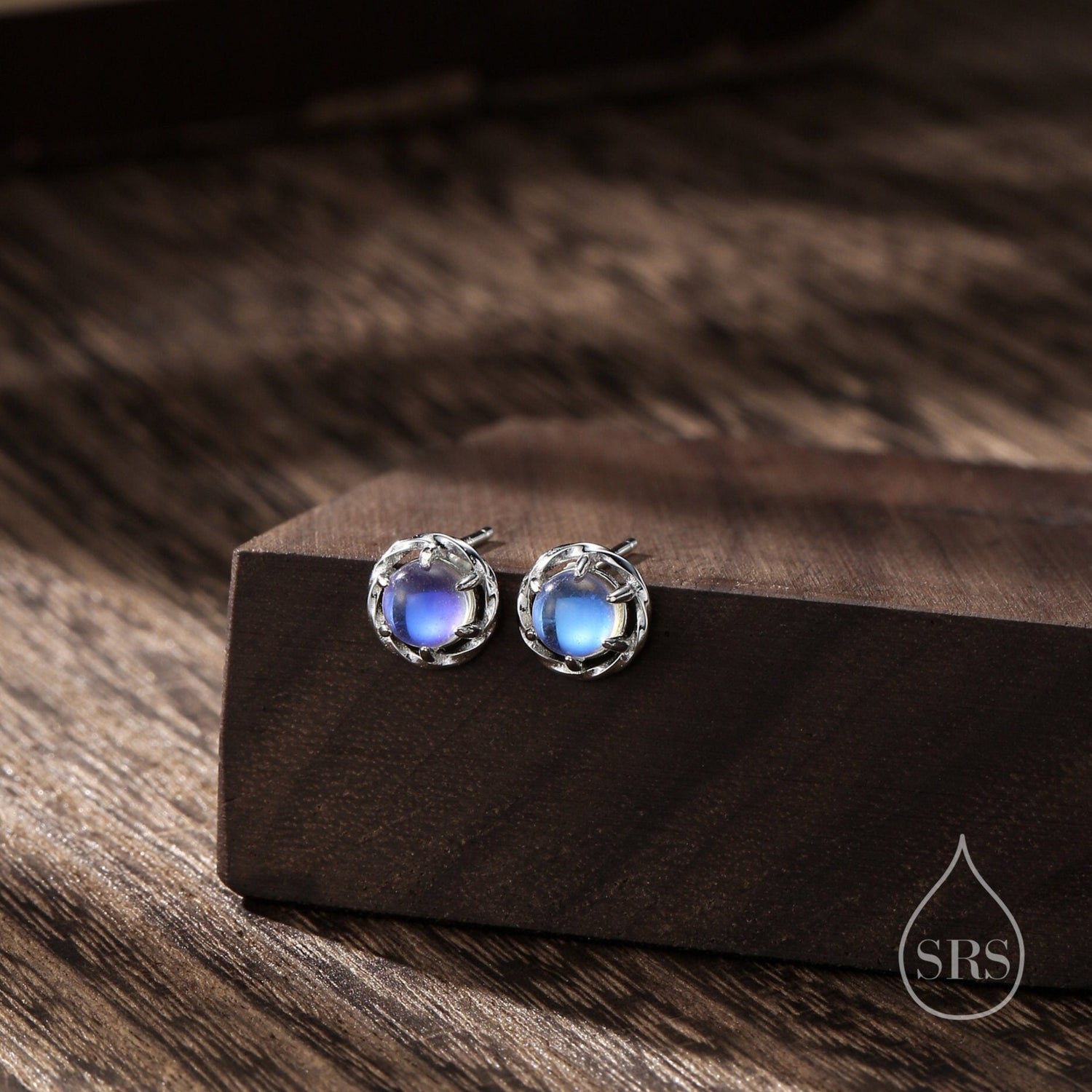 Moonstone Thorn Claw Stud Earrings, MoonstoneTwist Earrings, Silver or Gold, Lab Moonstone Halo Earrings, Simulated Moonstone Circle Stud