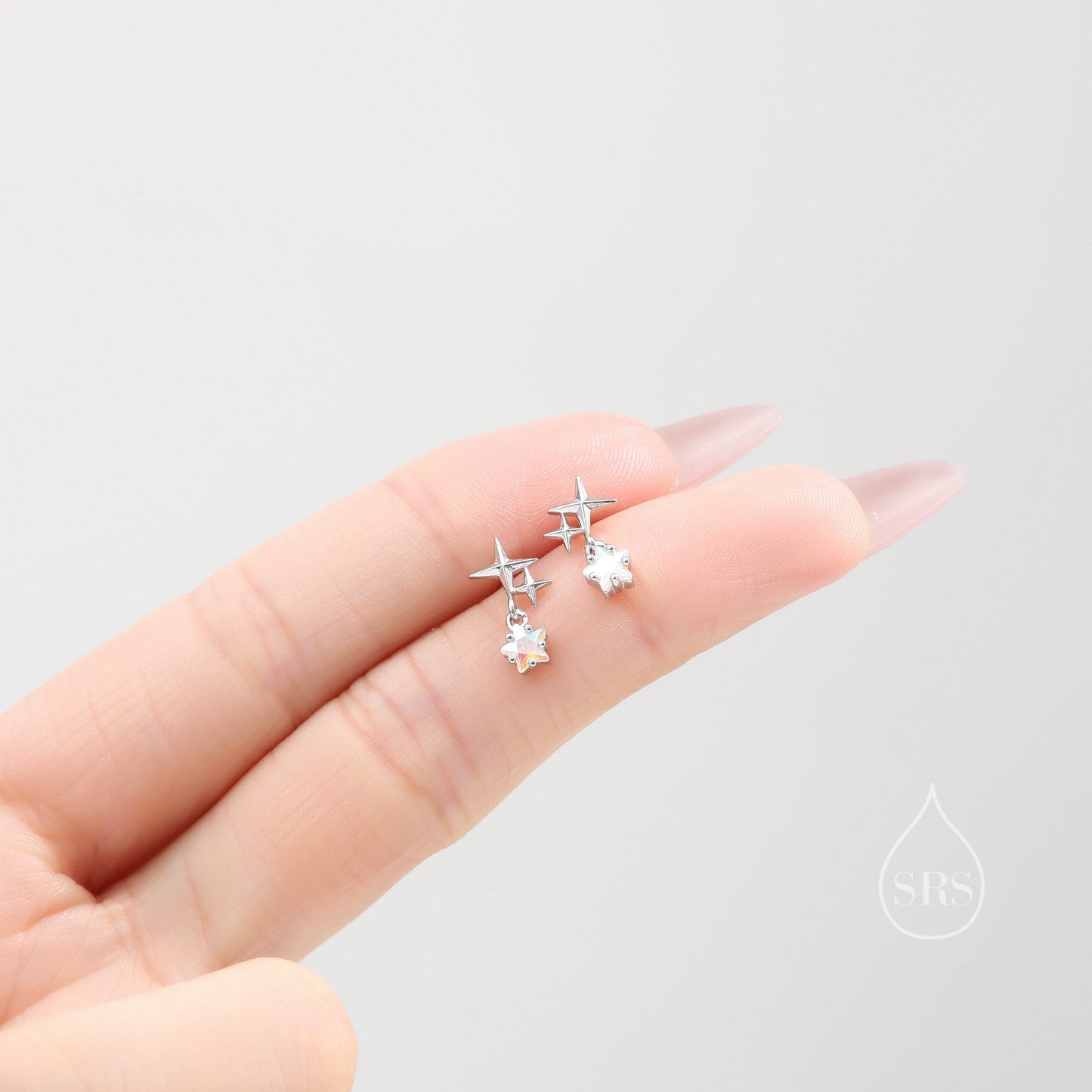 Tiny Star and Dangle CZ Stud Earrings in Sterling Silver, Silver or Gold, Aurora Star Earrings, Sunburst Earrings, Celestial