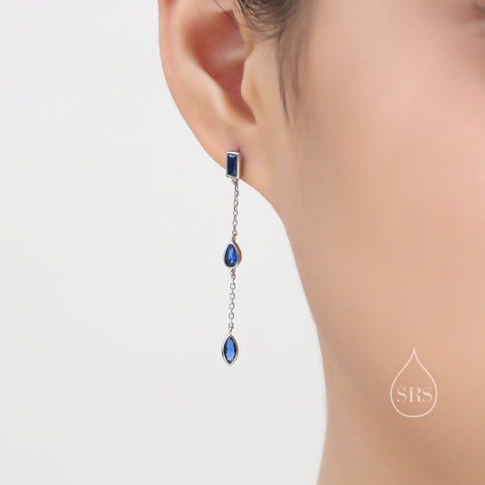 Sapphire Blue Marquise CZ Dangle Drop Stud Earrings in Sterling Silver, Silver or Gold, Pear Cut and Baguette Drop Earrings, Geometric CZ