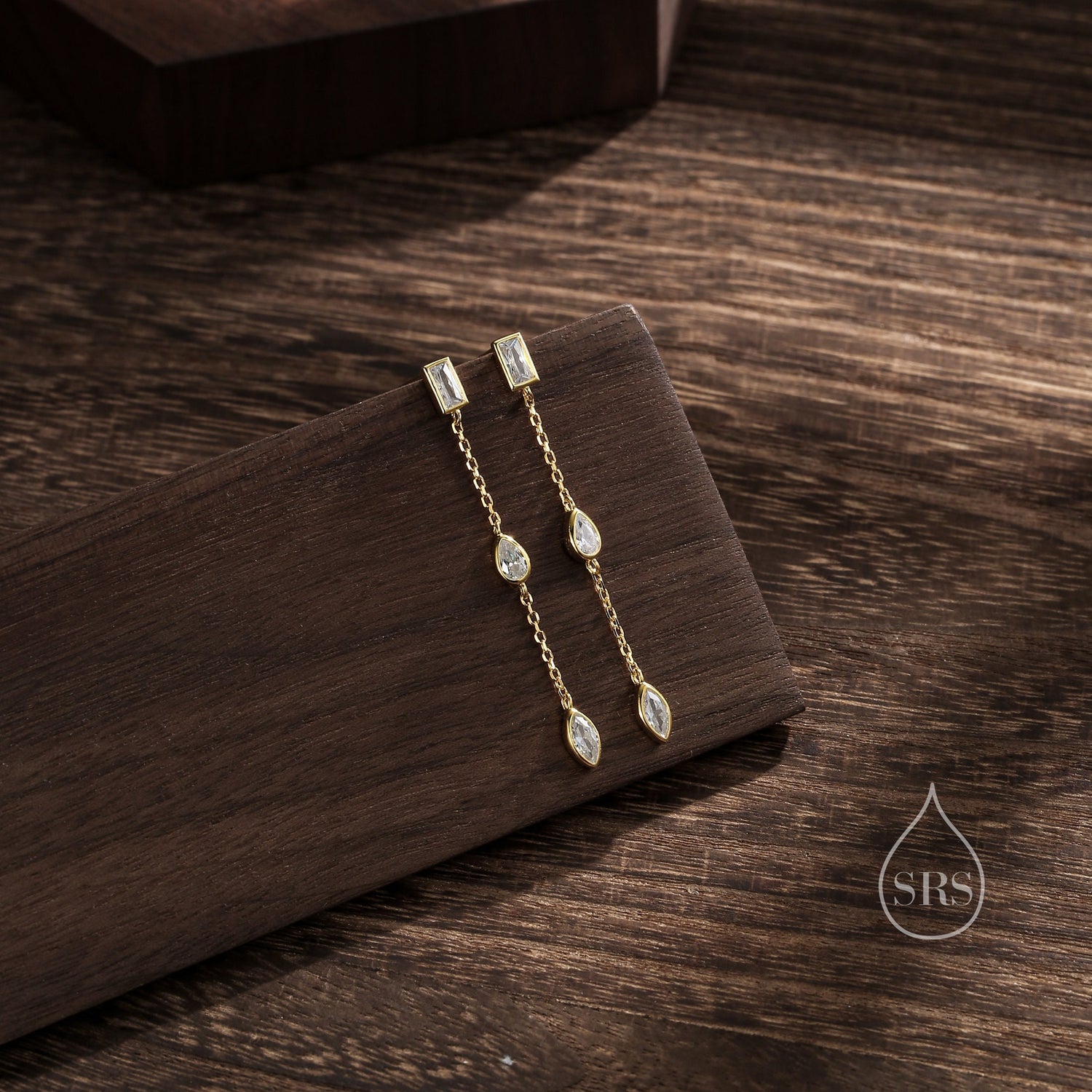 Clear CZ Mismatched Marquise Dangle Drop Stud Earrings in Sterling Silver, Silver or Gold, Pear Cut and Baguette Drop Earrings, Geometric CZ