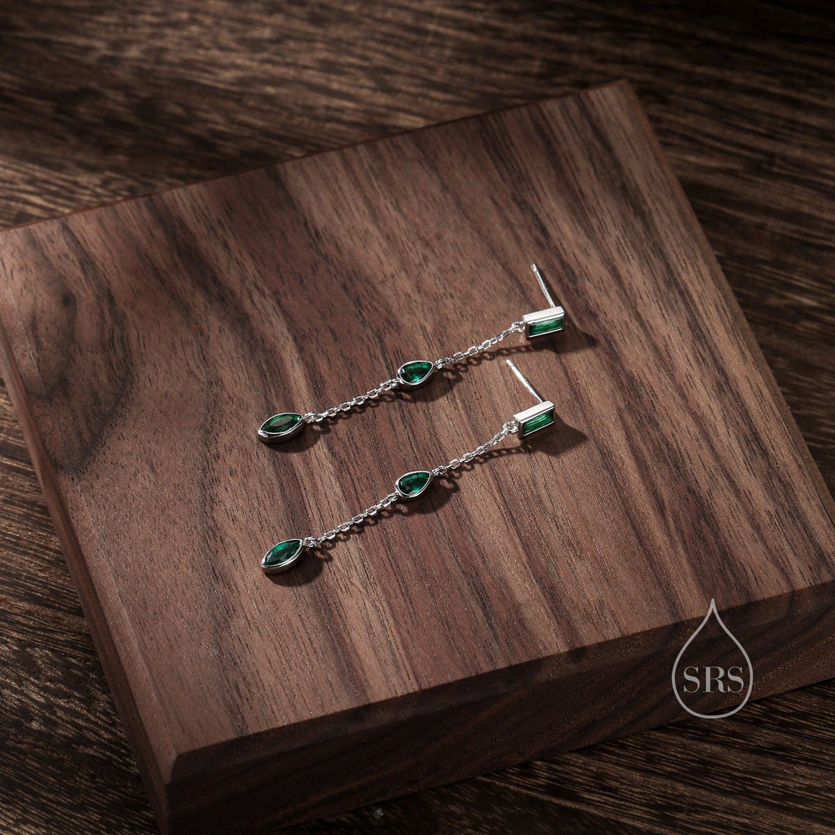 Emerald Green CZ Mismatched Marquise Dangle Drop Stud Earrings in Sterling Silver, Silver or Gold, Pear Cut and Baguette Drop Earrings