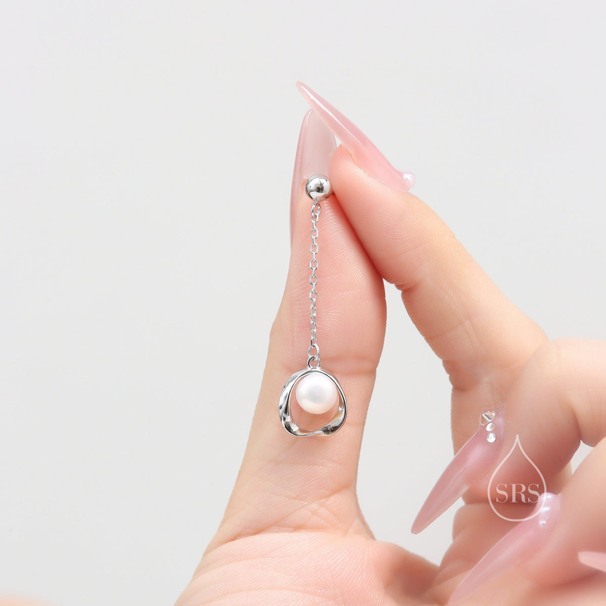 Genuine Freshwater Pearl and Mobius Circle Long Drop Earrings in Sterling Silver, Delicate Keshi Pearl Halo Earrings, Genuine Pearls