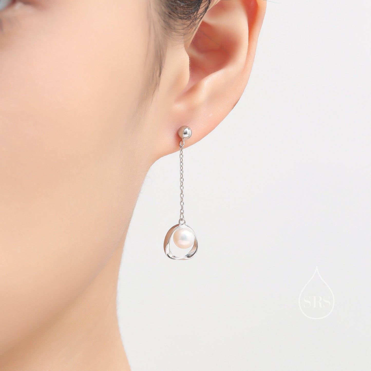 Genuine Freshwater Pearl and Mobius Circle Long Drop Earrings in Sterling Silver, Delicate Keshi Pearl Halo Earrings, Genuine Pearls