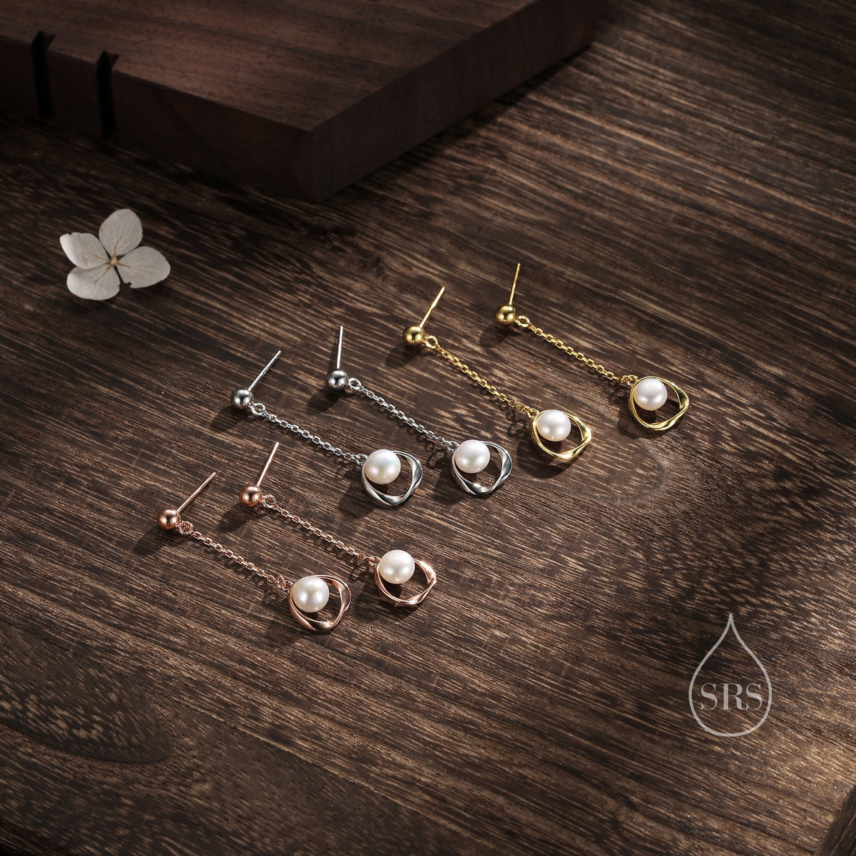 Genuine Freshwater Pearl and Mobius Circle Long Drop Earrings in Sterling Silver, Delicate Keshi Pearl Halo Earrings, Genuine Pearls