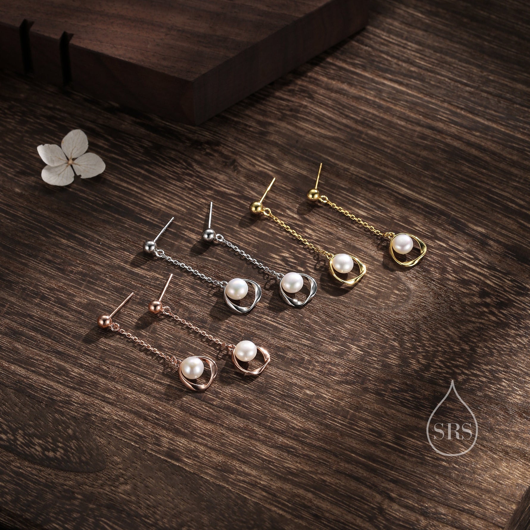 Genuine Freshwater Pearl and Mobius Circle Long Drop Earrings in Sterling Silver, Delicate Keshi Pearl Halo Earrings, Genuine Pearls