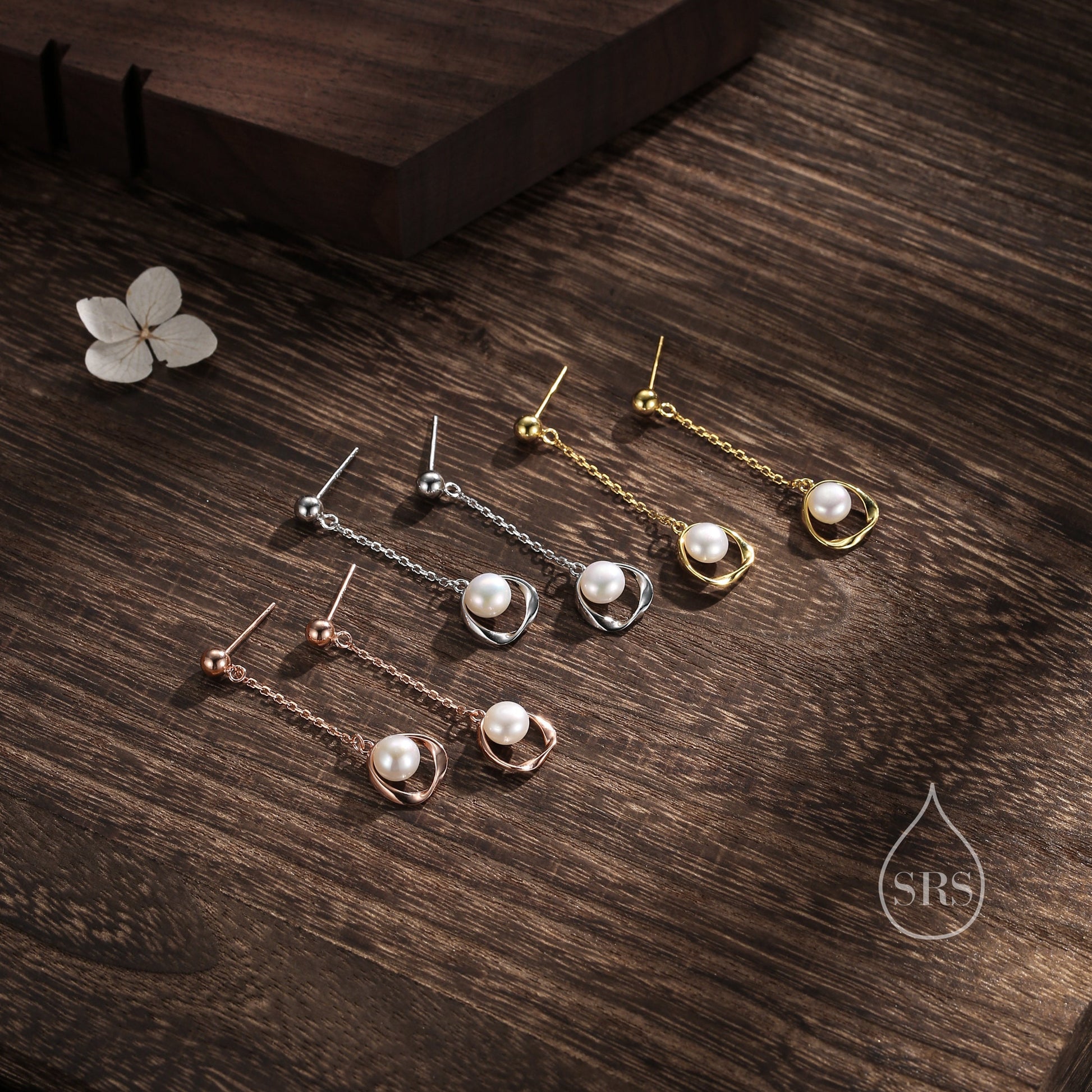 Genuine Freshwater Pearl and Mobius Circle Long Drop Earrings in Sterling Silver, Delicate Keshi Pearl Halo Earrings, Genuine Pearls