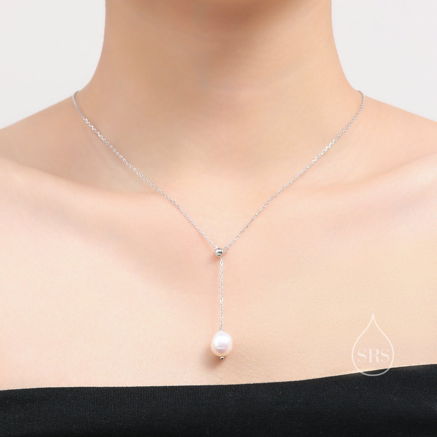 Delicate Genuine Freshwater Pearl Lariat Pendant Necklace in Sterling Silver, Silver or Gold, Minimalist Pearl, One-of-a-kind Semi-precious