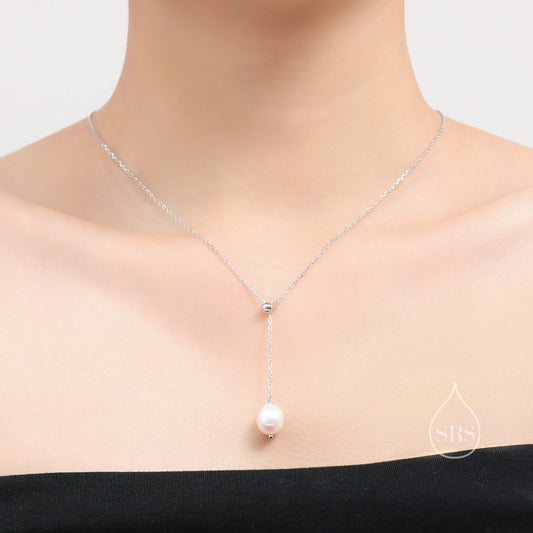 Delicate Genuine Freshwater Pearl Lariat Pendant Necklace in Sterling Silver, Silver or Gold, Minimalist Pearl, One-of-a-kind Semi-precious