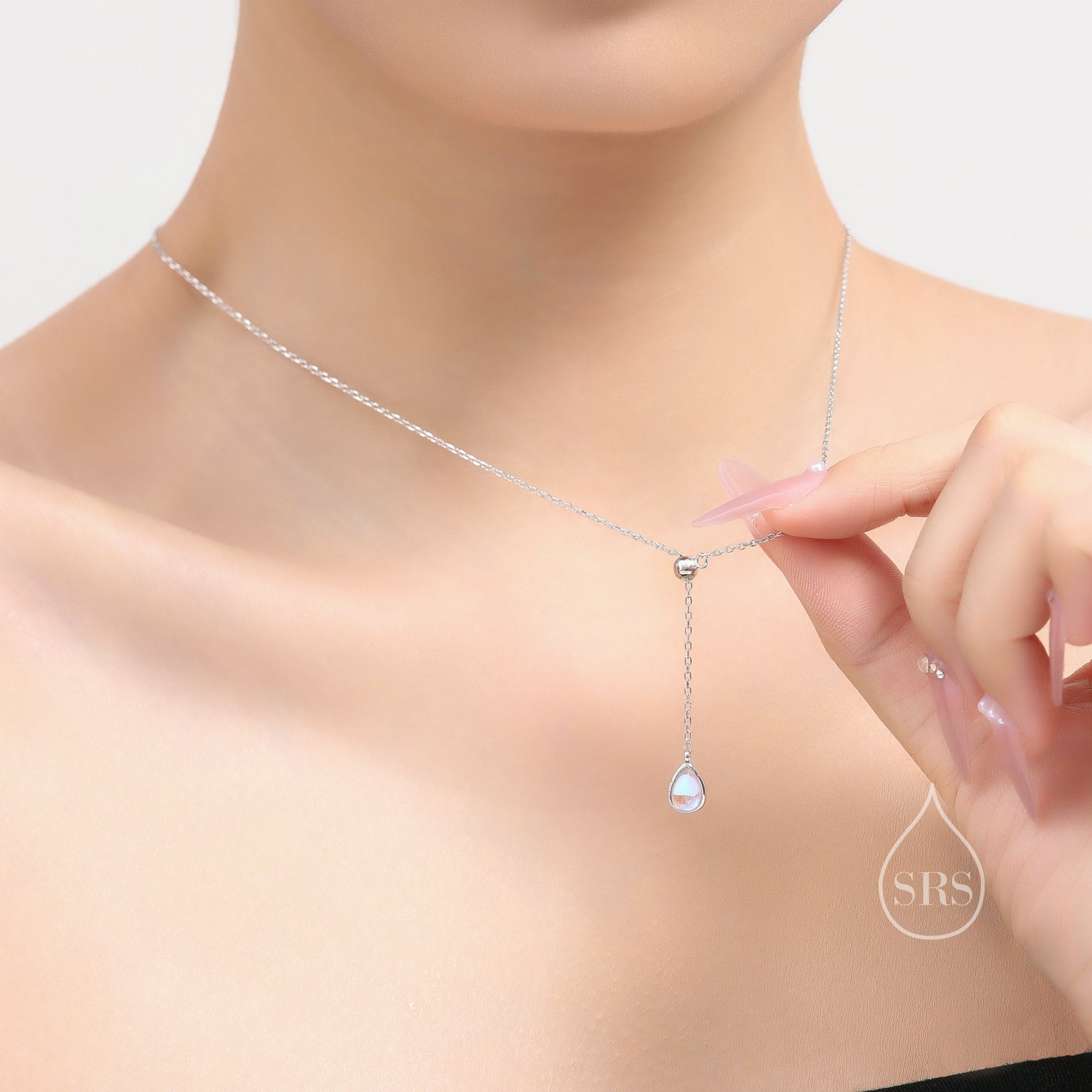 Delicate Moonstone Droplet Lariat Pendant Necklace in Sterling Silver, Silver or Gold, Minimalist Pear Shape Moonstone Adjustable Necklace