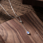 Delicate Moonstone Droplet Lariat Pendant Necklace in Sterling Silver, Silver or Gold, Minimalist Pear Shape Moonstone Adjustable Necklace