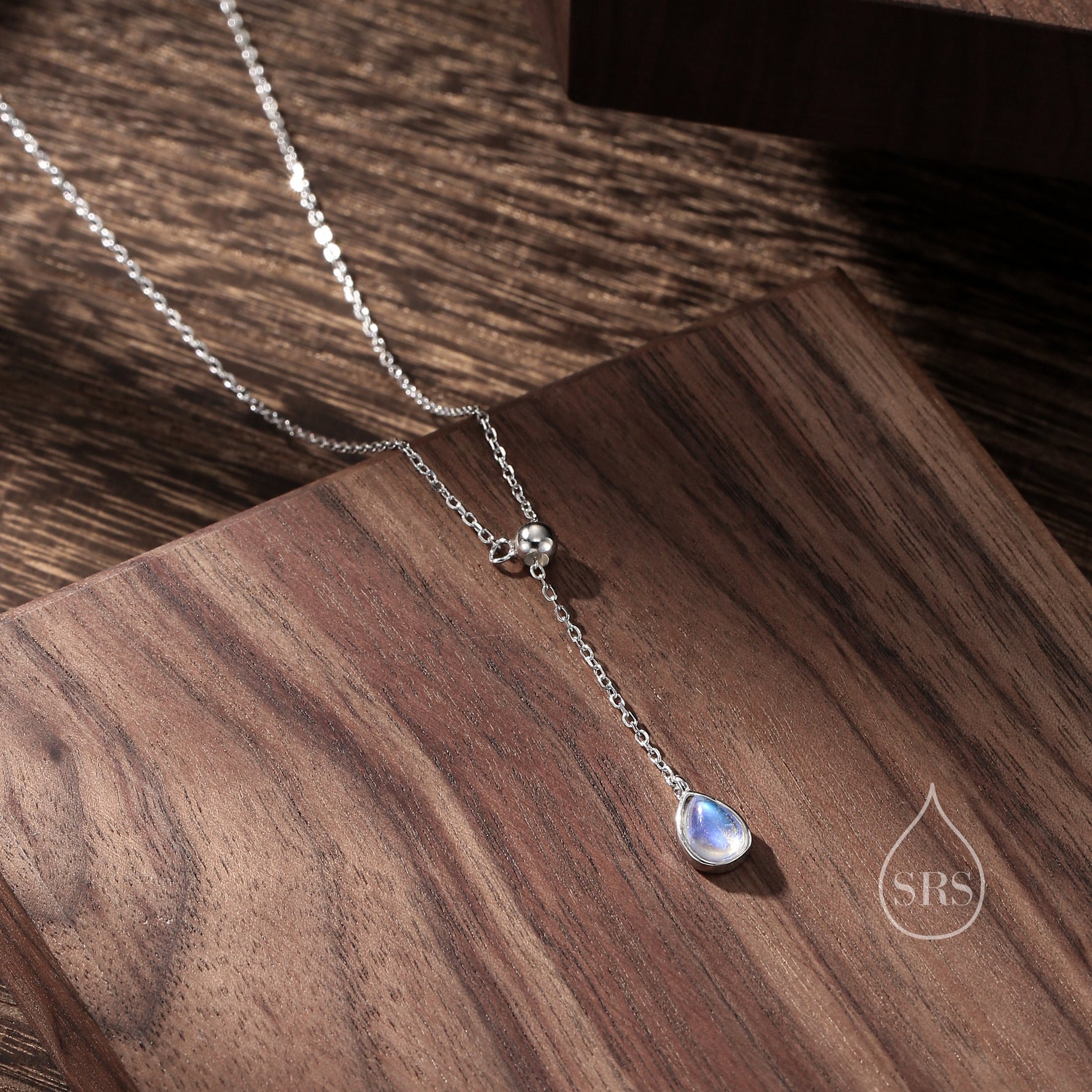 Delicate Moonstone Droplet Lariat Pendant Necklace in Sterling Silver, Silver or Gold, Minimalist Pear Shape Moonstone Adjustable Necklace