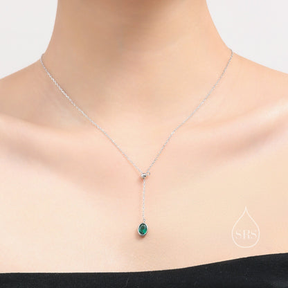 Delicate Emerald Green Oval CZ Lariat Pendant Necklace in Sterling Silver, Silver or Gold, Minimalist Oval Shape CZ Adjustable Necklace