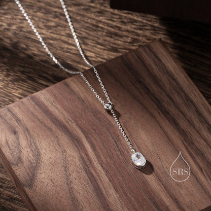 Delicate Oval CZ Lariat Pendant Necklace in Sterling Silver, Silver or Gold, Minimalist Oval Shape CZ Adjustable Necklace