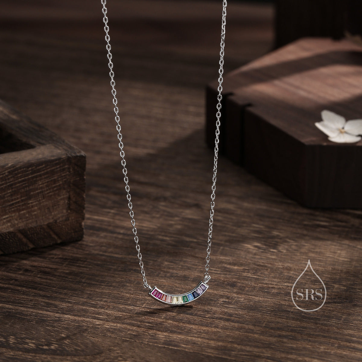 Rainbow CZ Curved Bar Necklace