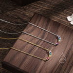 Rainbow CZ Pendant Necklace in Sterling Silver, Silver or Gold, Silver Rainbow CZ Curved Bar Necklace, Rainbow CZ Cluster Pendant