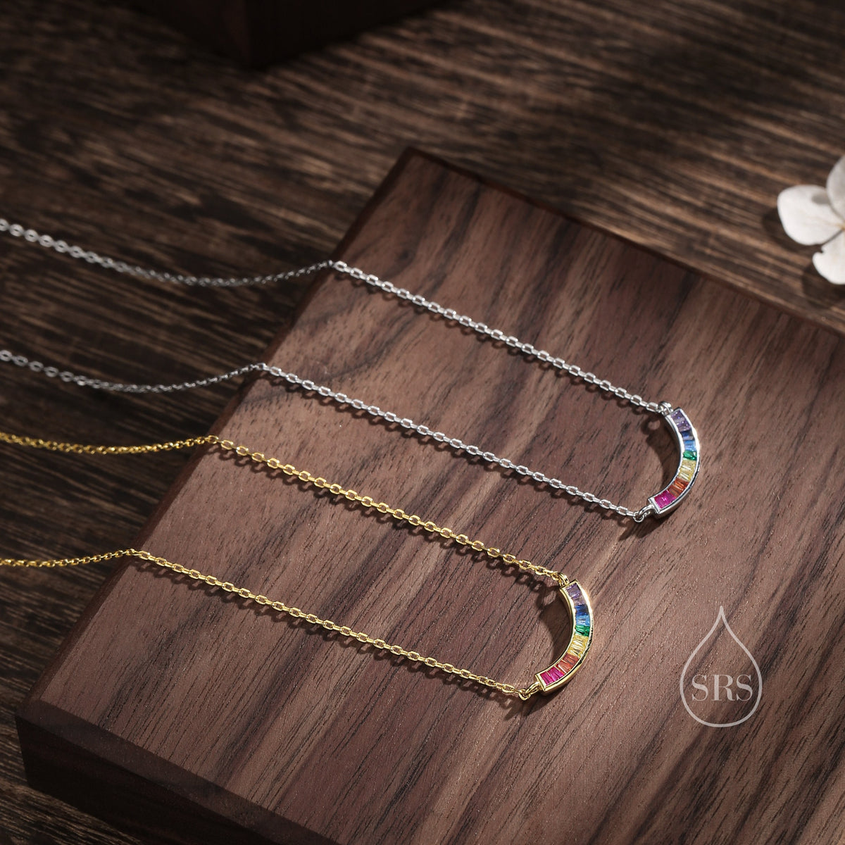 Rainbow CZ Curved Bar Necklace