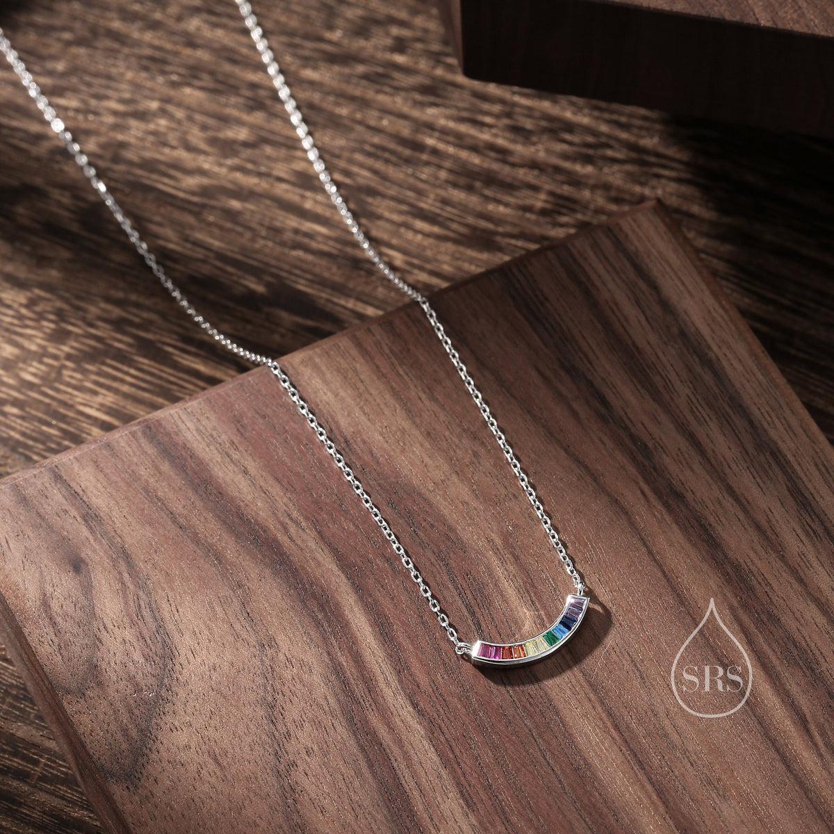 Rainbow CZ Curved Bar Necklace