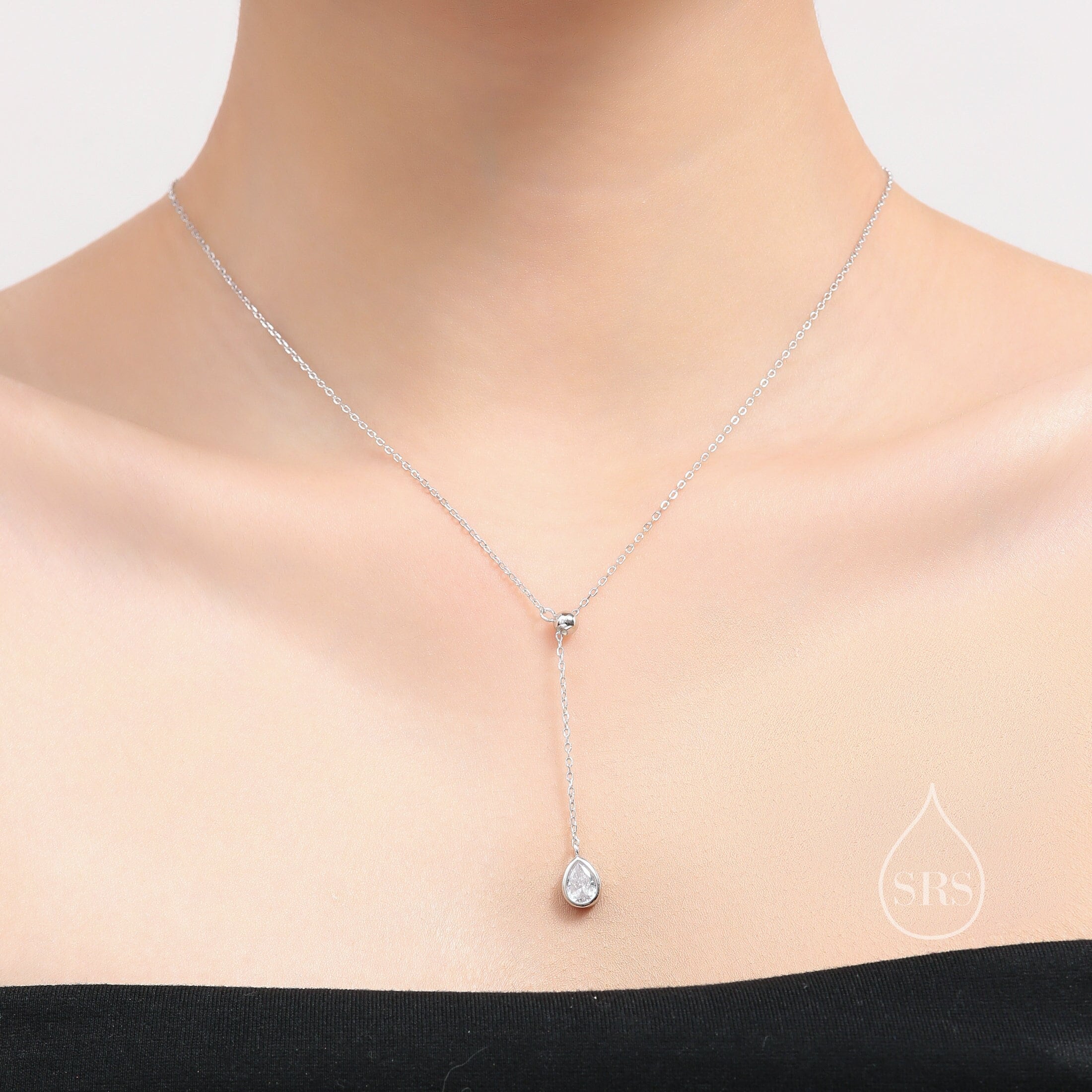 Y Shaped Pear store Drop CZ Lariat Necklace for Her, 14K White Gold Finish Sterling Silver, Y Drop Adjustable Necklace, 16 Inches - NYN71A05