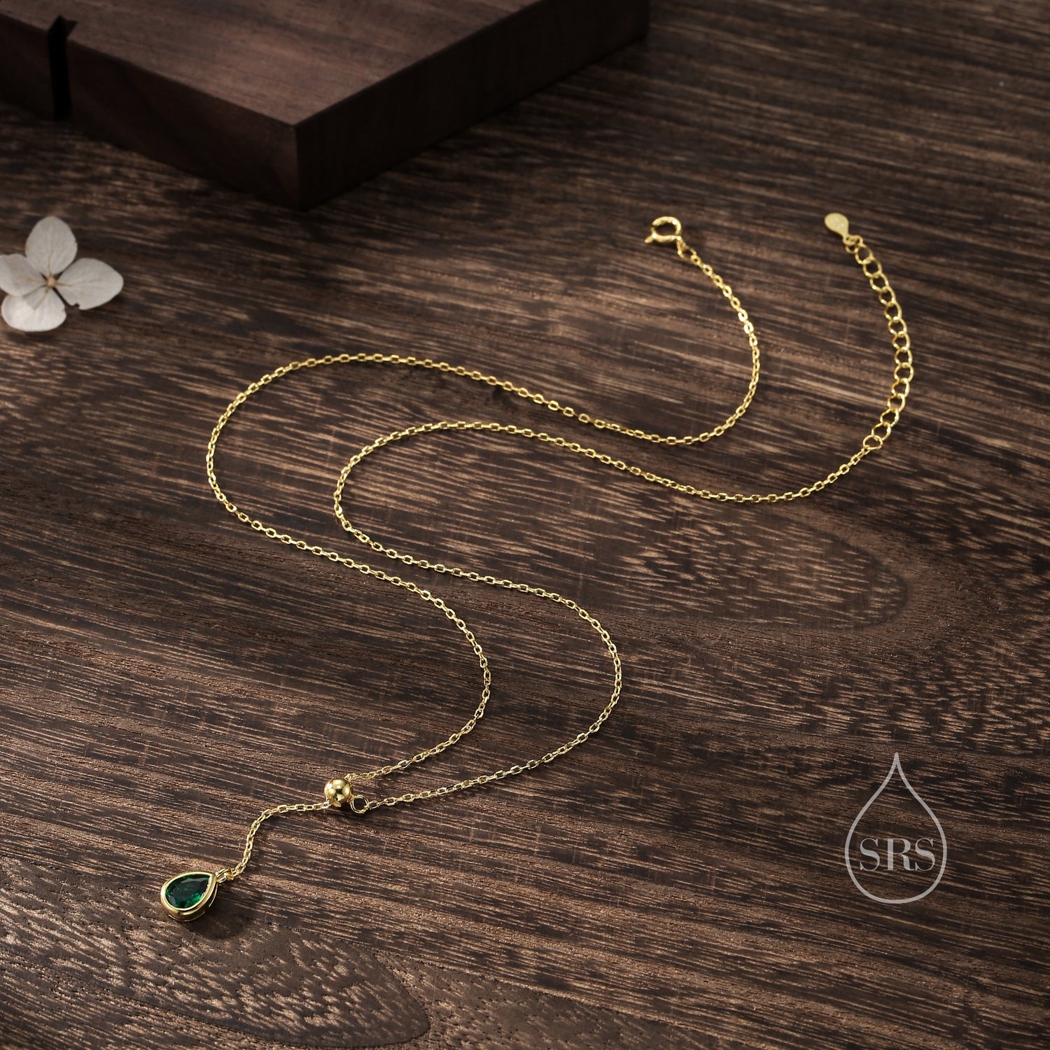 Emerald Green CZ Pear Bezel Lariat Necklace