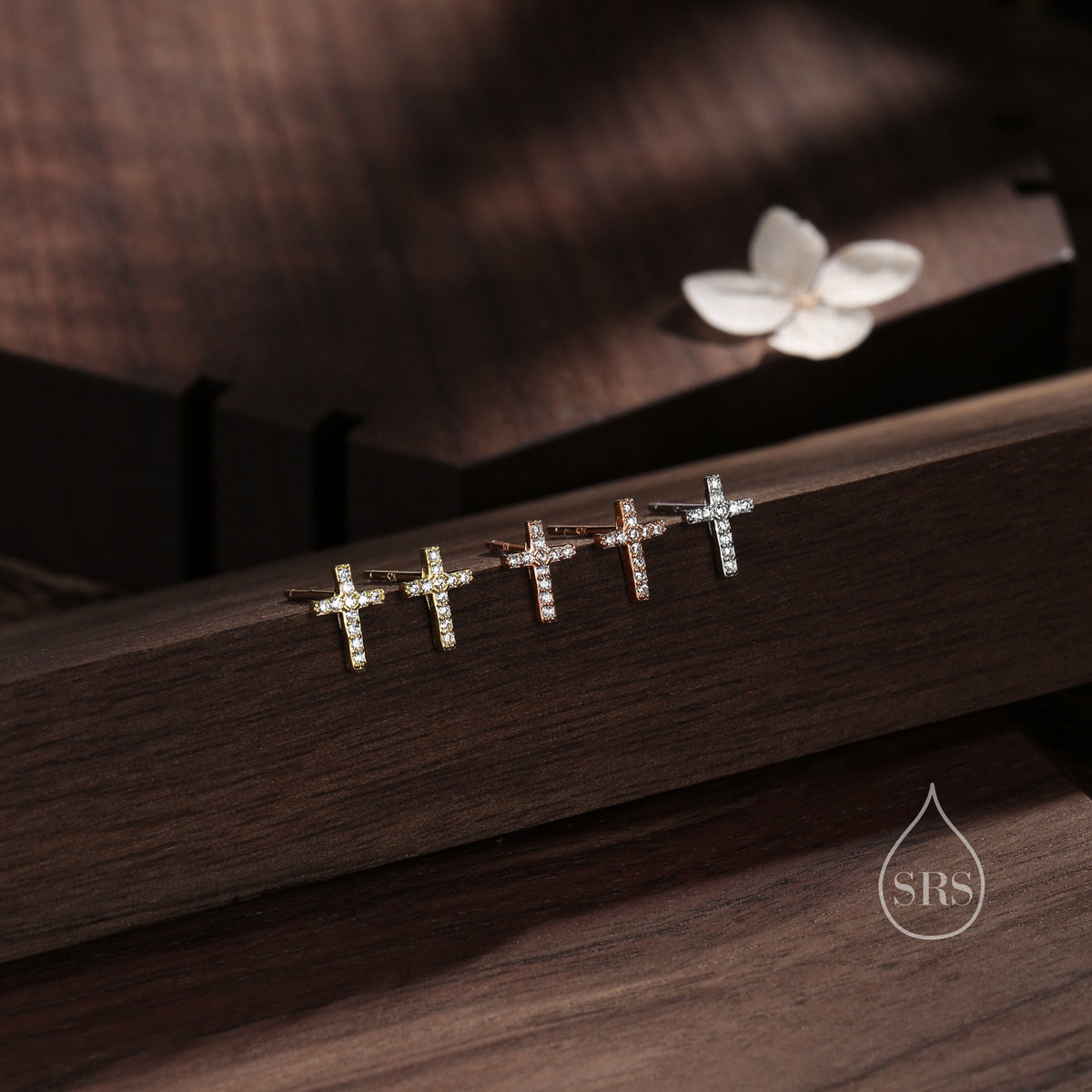 Small Cross Stud Earrings in Sterling Silver with CZ crystals, in Silver or Gold or Rose Gold, Crystal Pave Cross Earrings, Tiny Cross Stud