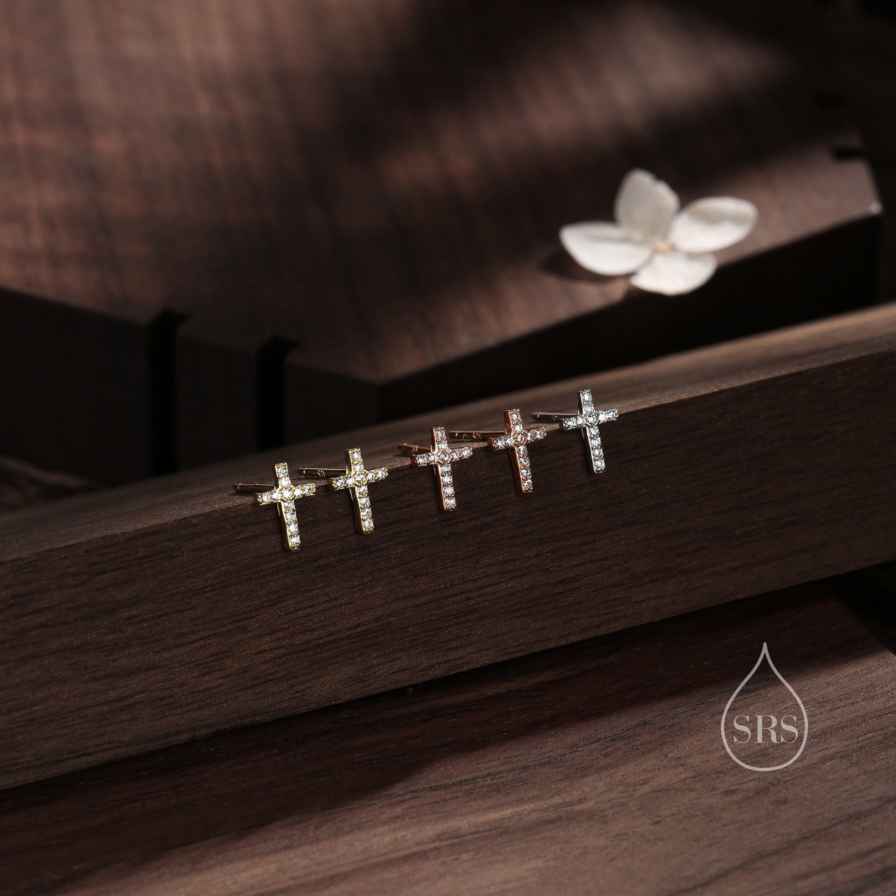 Small Cross Stud Earrings in Sterling Silver with CZ crystals, in Silver or Gold or Rose Gold, Crystal Pave Cross Earrings, Tiny Cross Stud