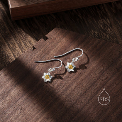 Daffodil Flower Drop Hook Earrings in Sterling Silver, Partial Gold, Flower hoop Earrings, Daffodil Floral Earrings