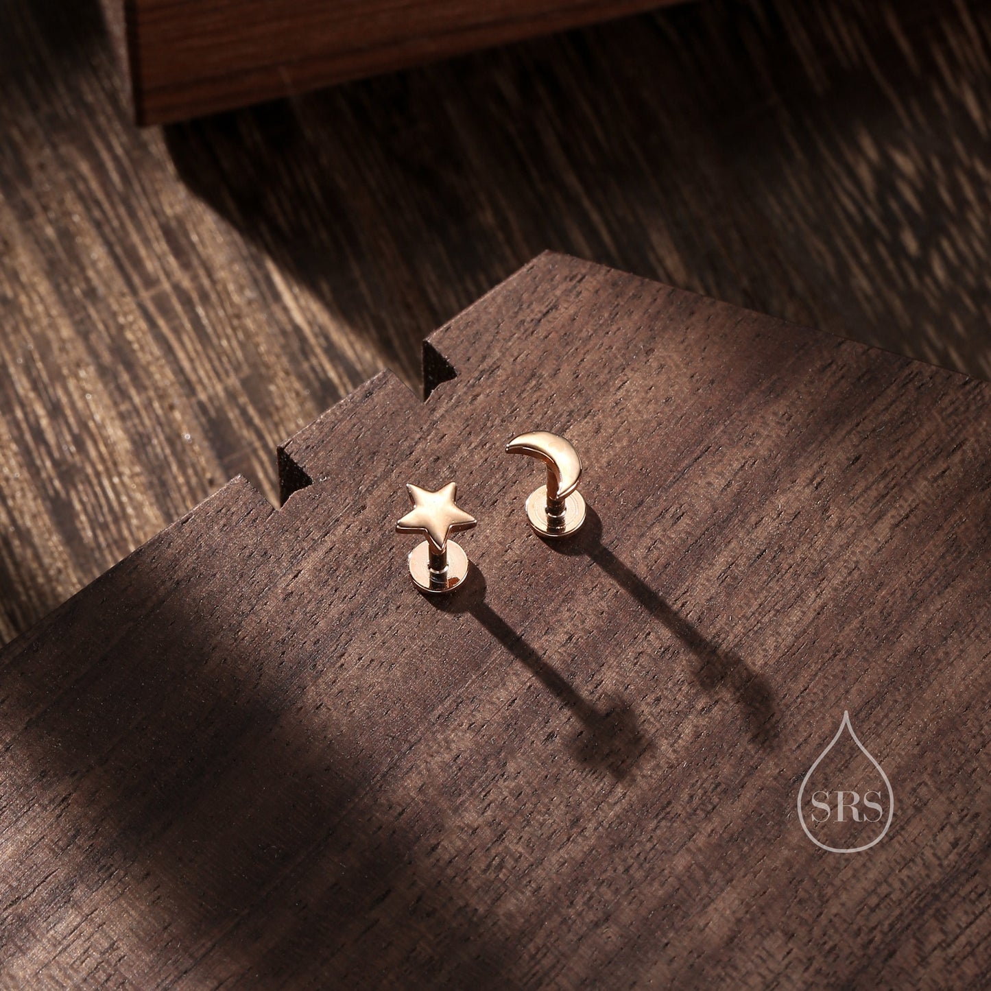 Mismatched Moon and Star Flat Back Earrings in Sterling Silver, Asymmetric Star and Moon Earrings, Piercing Jewellery