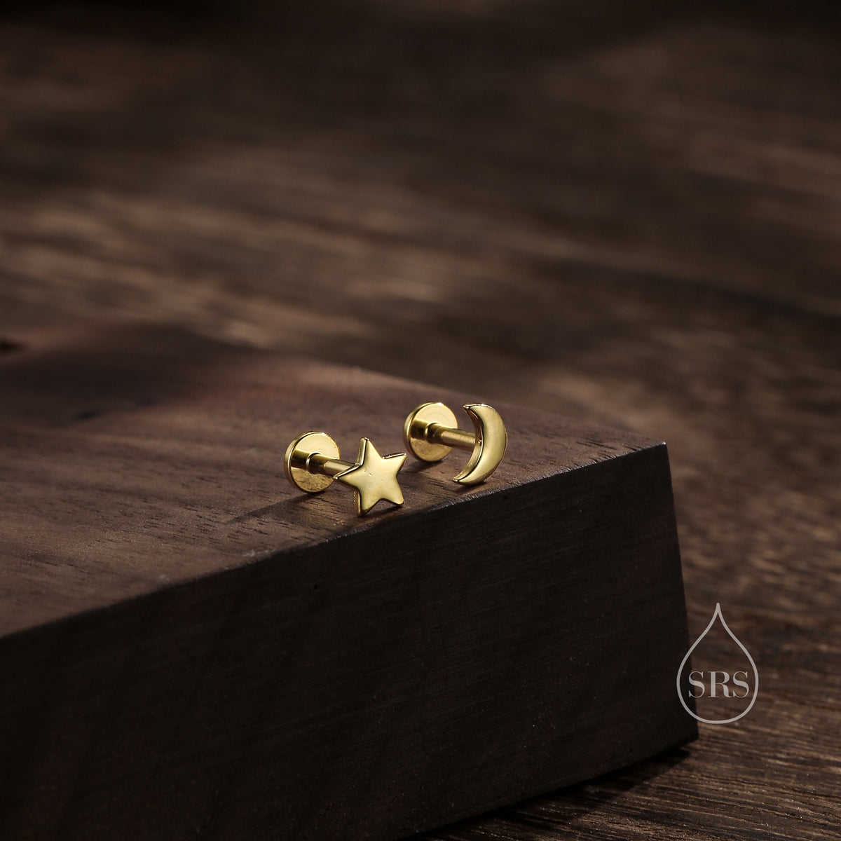 Mismatched Moon and Star Internally Threaded Flat Back/Screw back/Stud Earrings in Sterling Silver, Asymmetric Star and Moon, Piercing