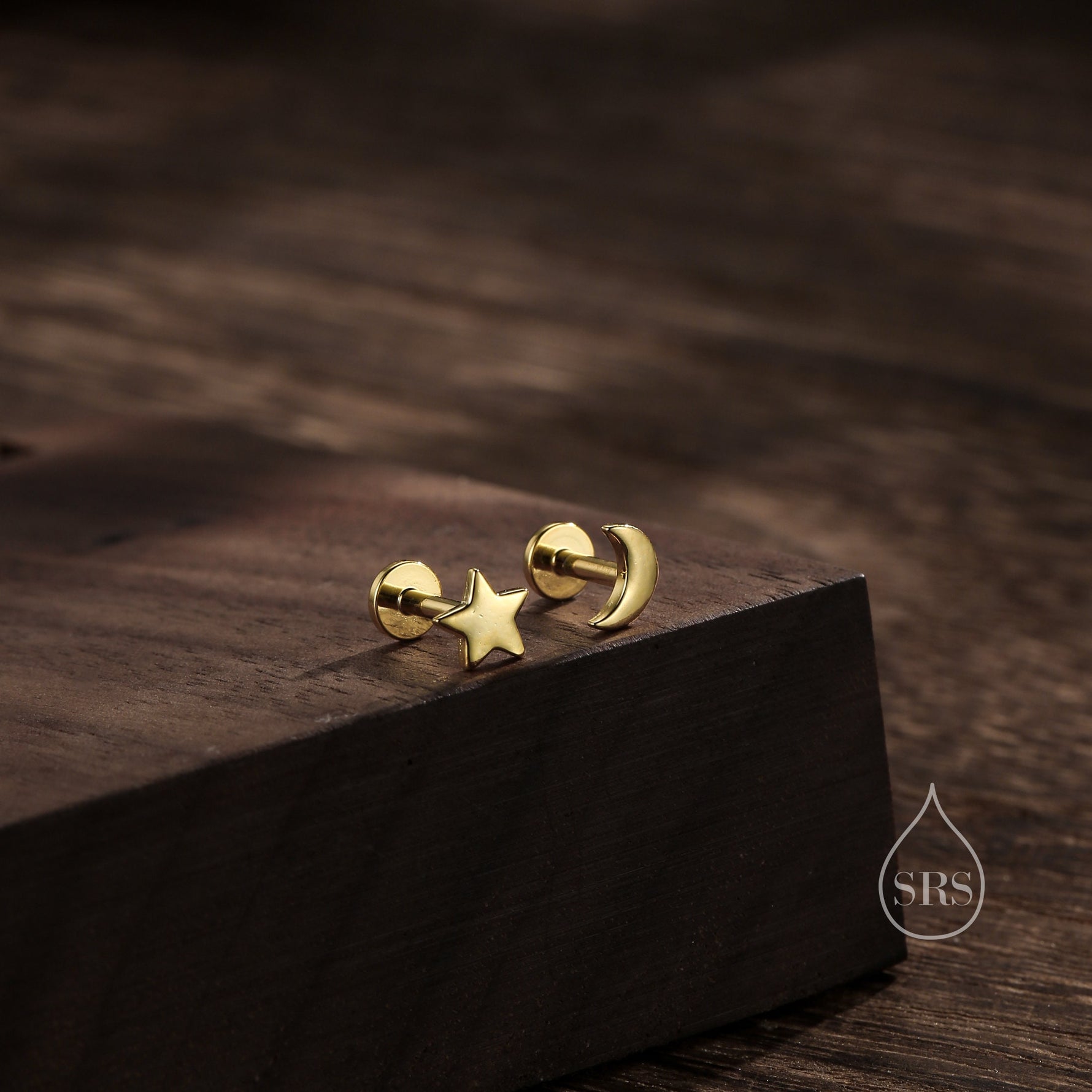 Mismatched Moon and Star Internally Threaded Flat Back/Screw back/Stud Earrings in Sterling Silver, Asymmetric Star and Moon, Piercing