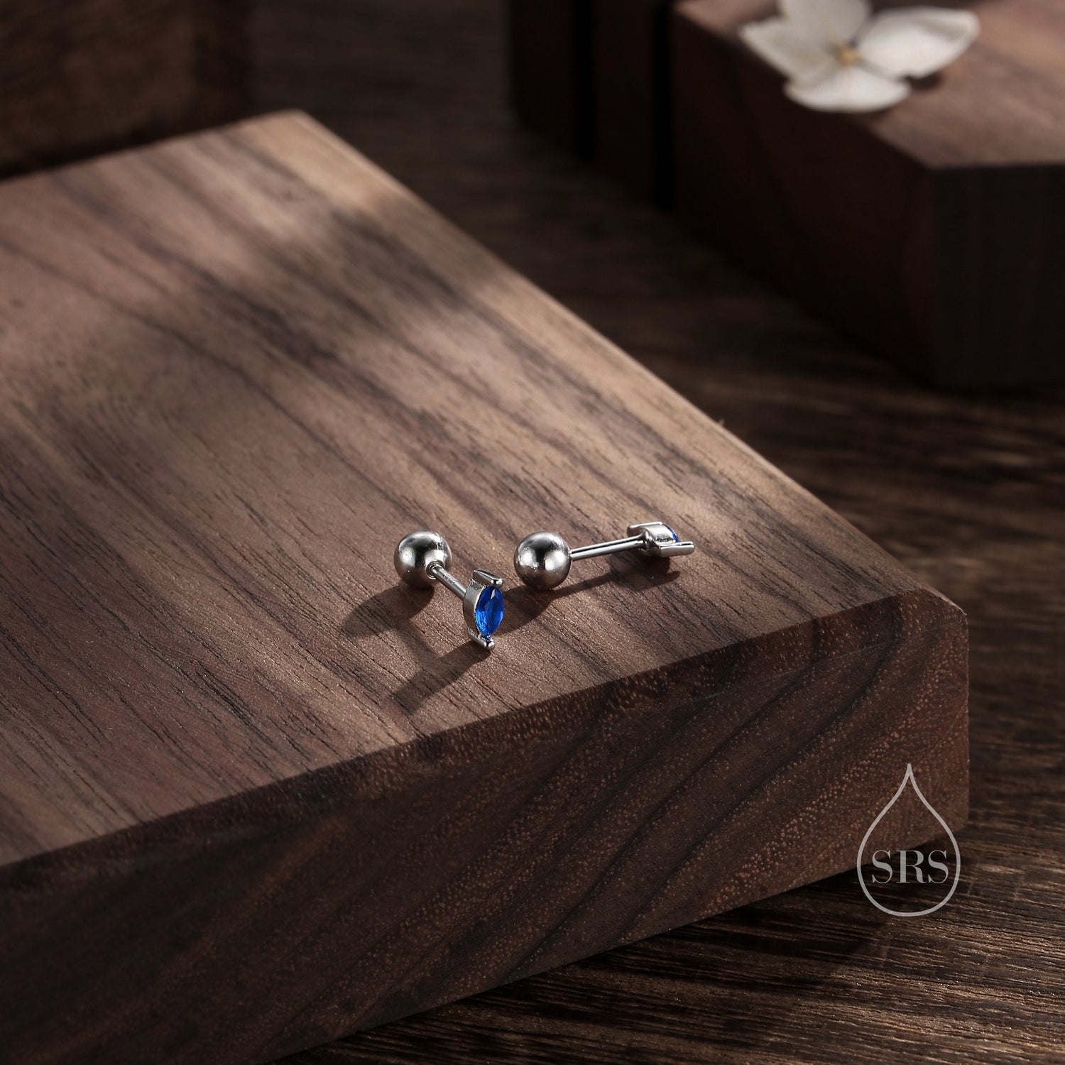 Tiny Sapphire Blue CZ Marquise Screw Back Earrings in Sterling Silver, Silver or Gold, Stacking Earrings, CZ Barbell Earrings, Helix Earring