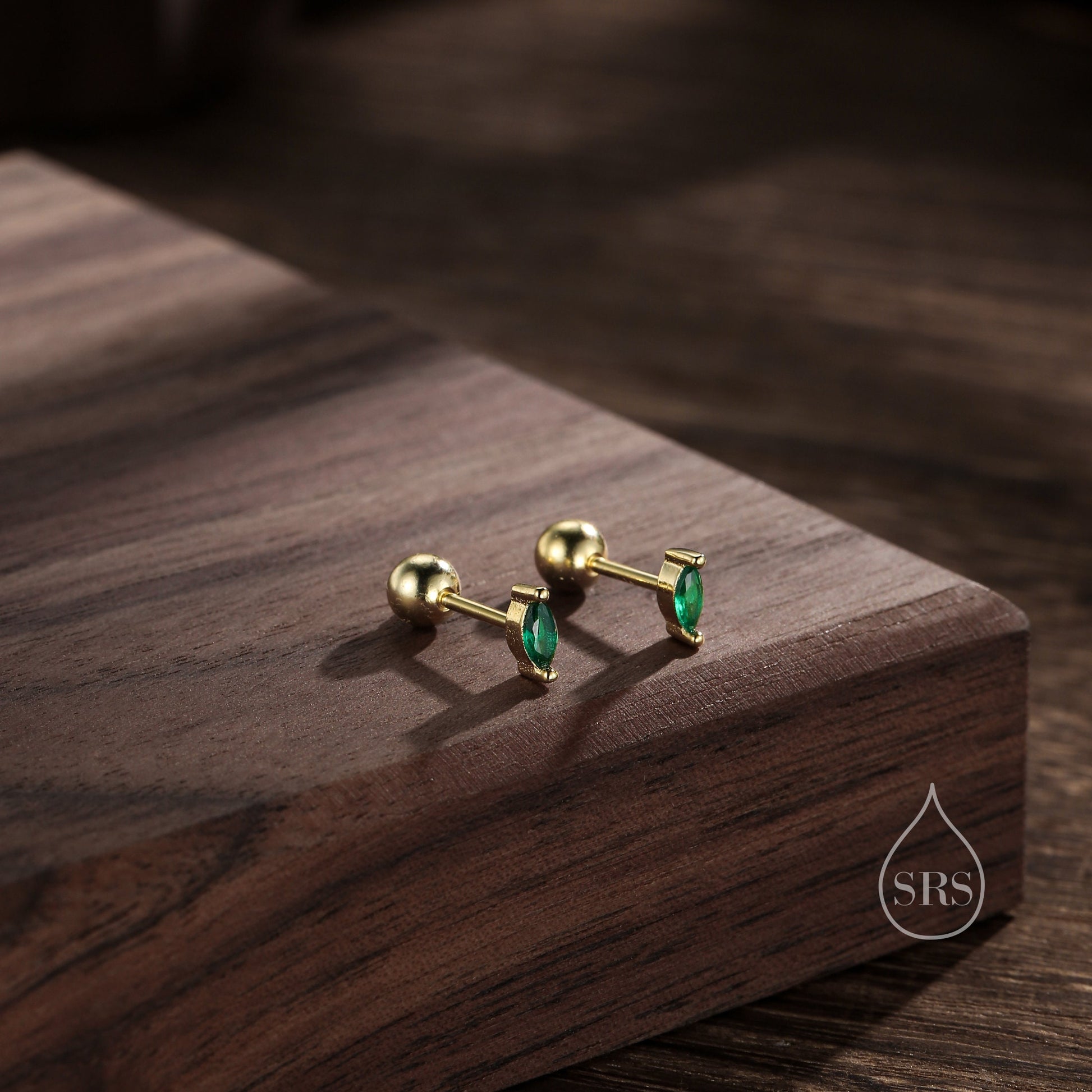 Tiny Emerald Green CZ Marquise Screw Back / Stud Earrings in Sterling Silver, Silver or Gold, Stacking Earrings, CZ Barbell Earrings, Helix