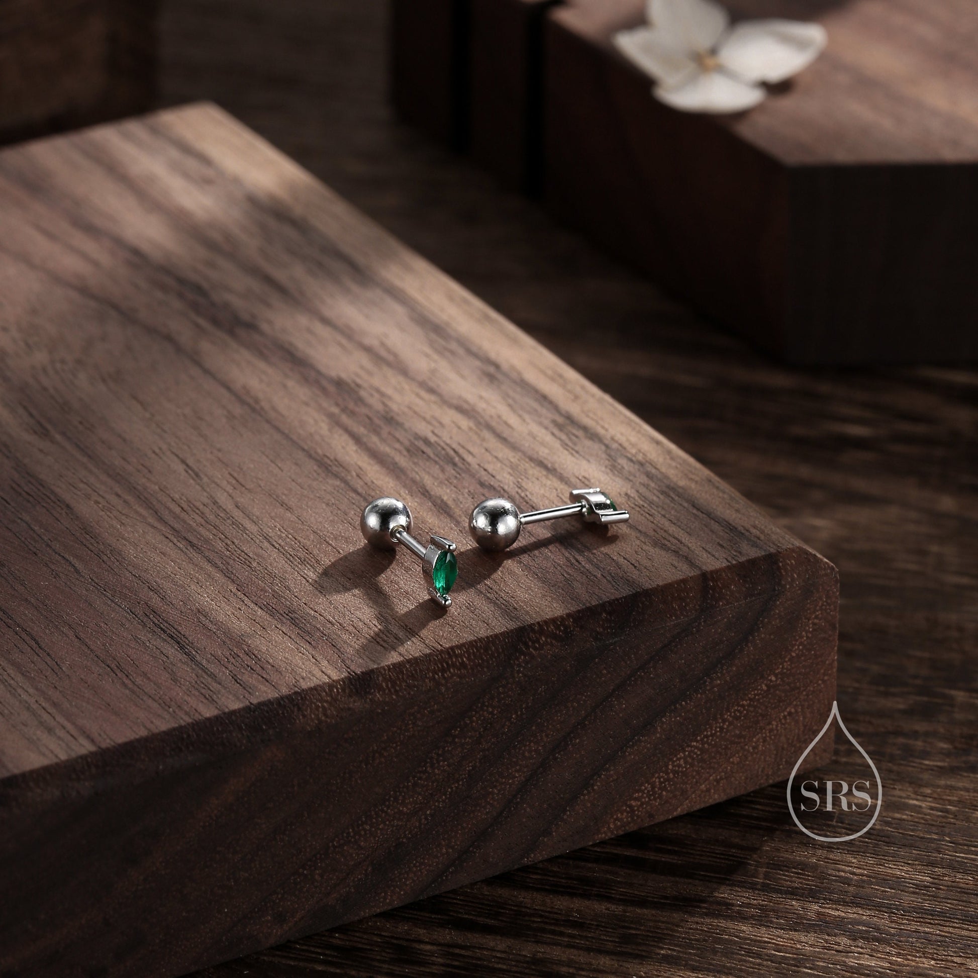 Tiny Emerald Green CZ Marquise Screw Back / Stud Earrings in Sterling Silver, Silver or Gold, Stacking Earrings, CZ Barbell Earrings, Helix