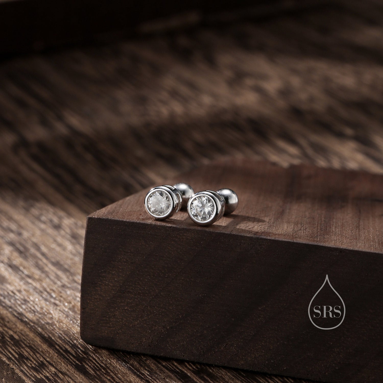 Bezel CZ Crystal Screw Back Earrings in Sterling Silver, Available in 2mm 3mm 4mm, Silver or Gold, Brilliant Cut CZ Earrings