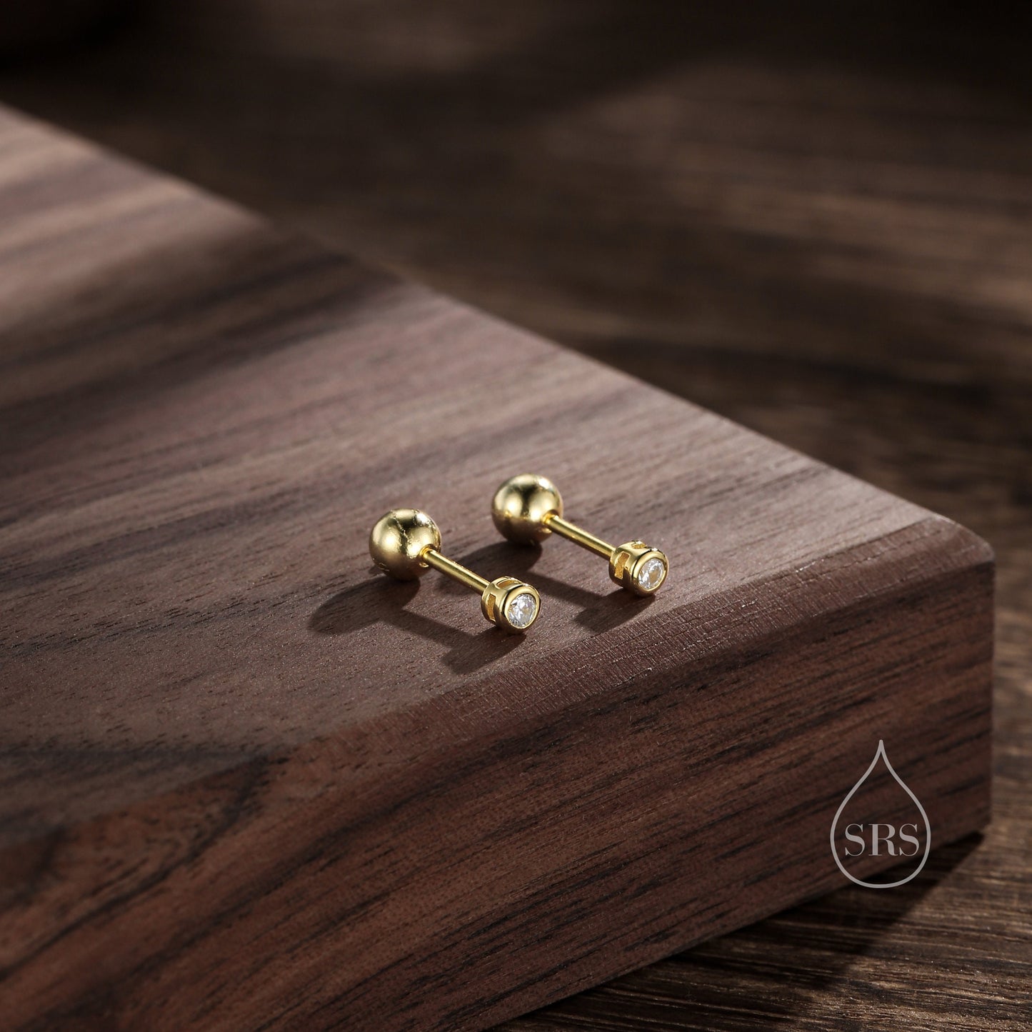 Bezel CZ Crystal Screw Back Earrings in Sterling Silver, Available in 2mm 3mm 4mm, Silver or Gold, Brilliant Cut CZ Earrings