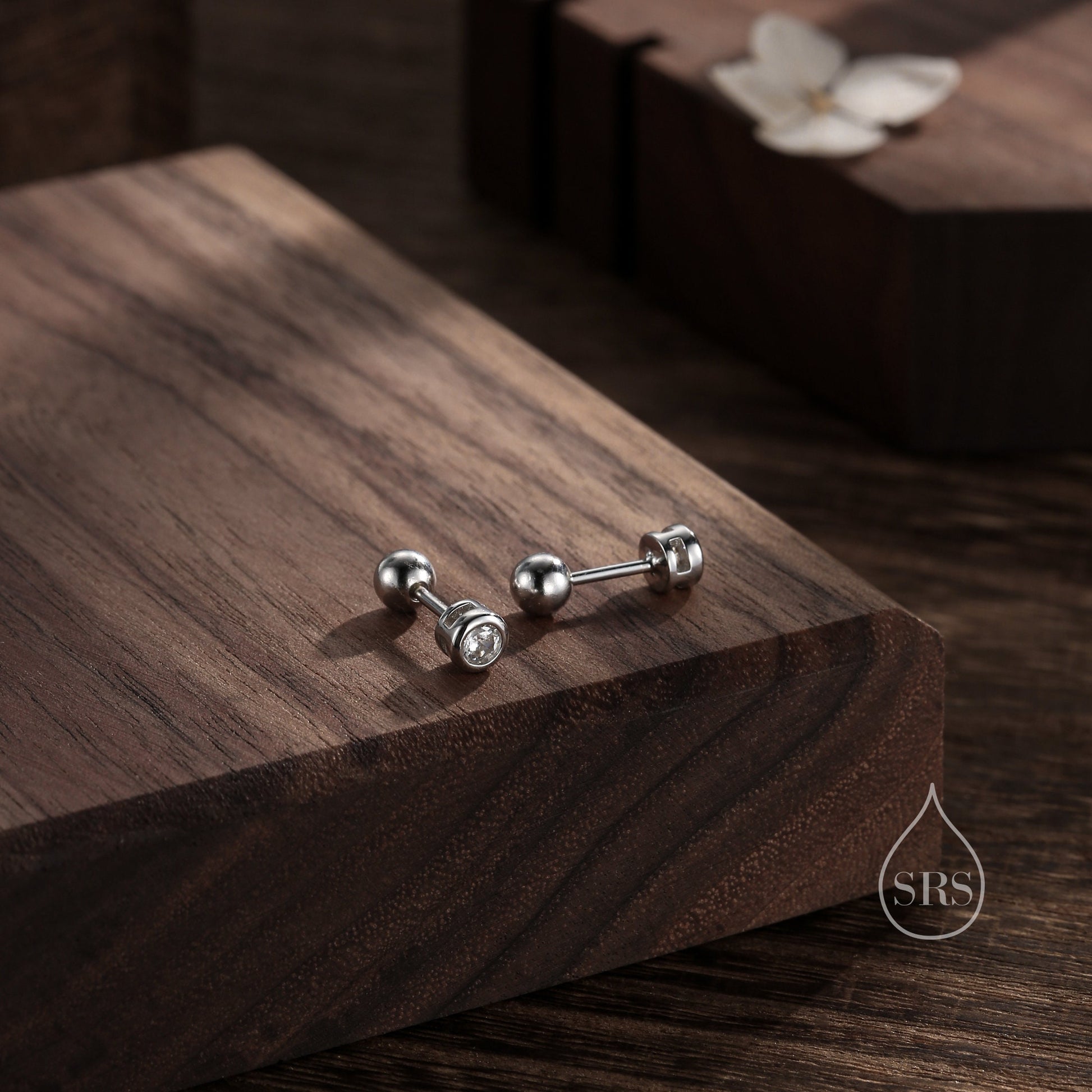 Bezel CZ Crystal Screw Back Earrings in Sterling Silver, Available in 2mm 3mm 4mm, Silver or Gold, Brilliant Cut CZ Earrings