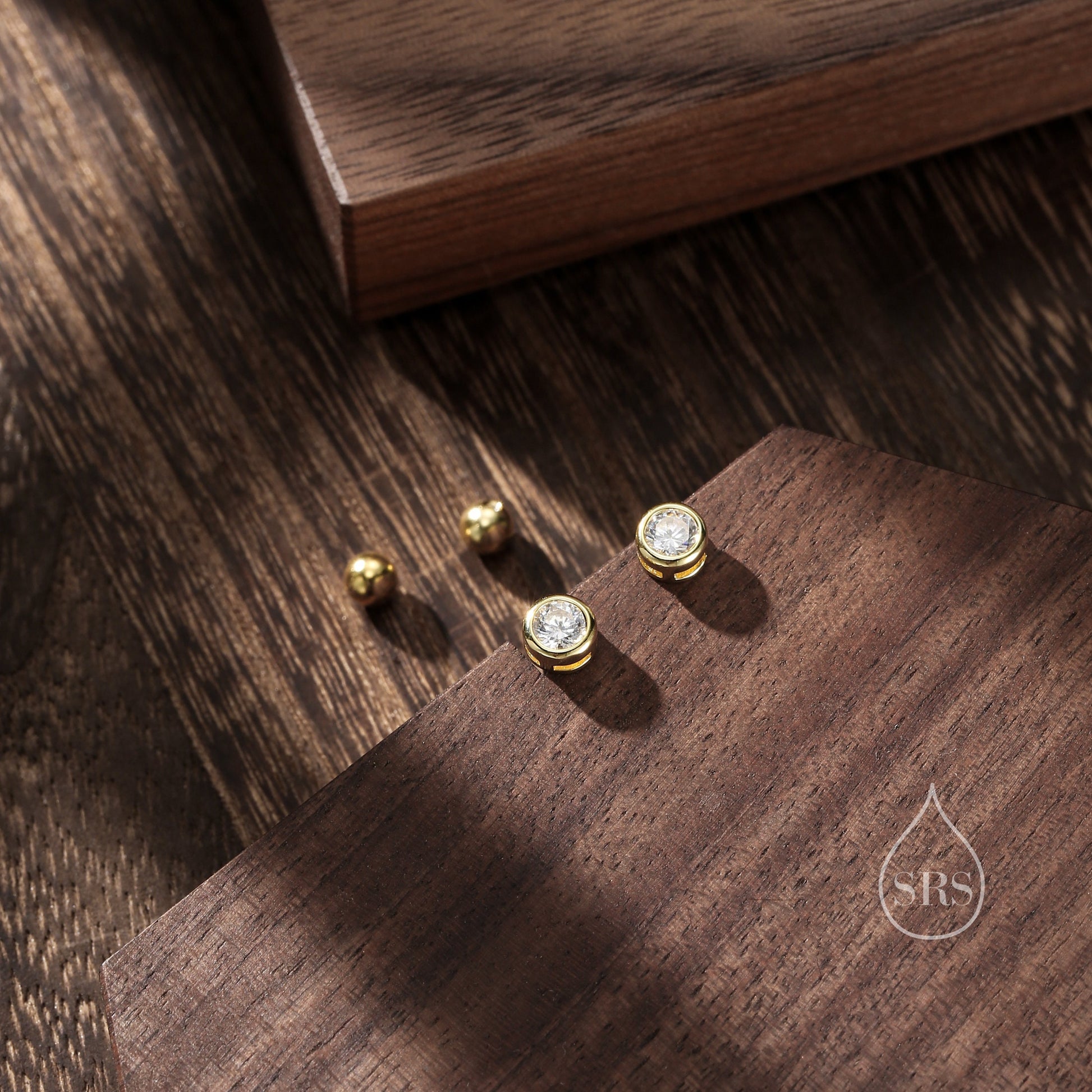 Bezel CZ Crystal Screw Back Earrings in Sterling Silver, Available in 2mm 3mm 4mm, Silver or Gold, Brilliant Cut CZ Earrings