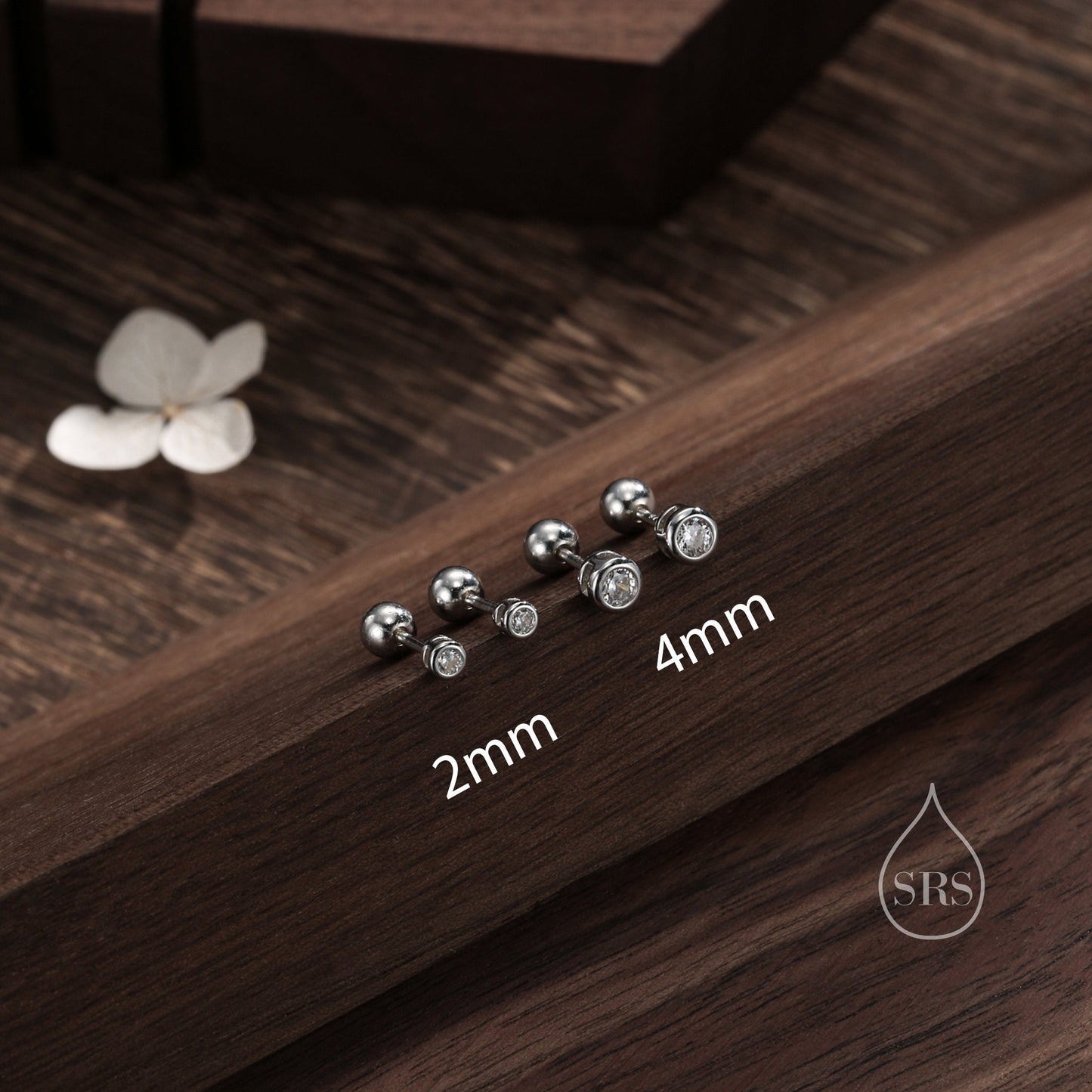 Bezel CZ Crystal Screw Back Earrings in Sterling Silver, Available in 2mm 3mm 4mm, Silver or Gold, Brilliant Cut CZ Earrings