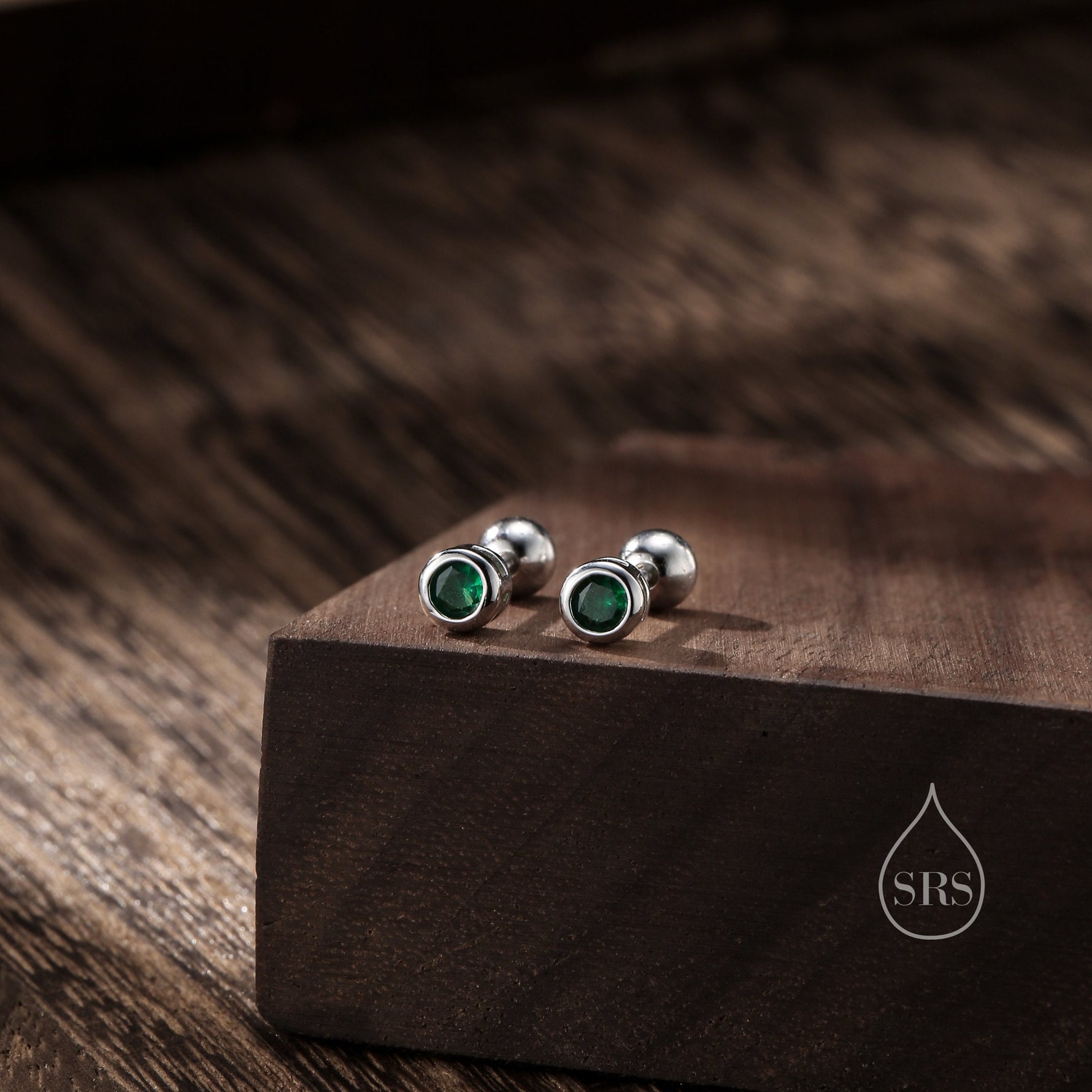 Emerald Green Bezel CZ Crystal Screw Back Earrings in Sterling Silver, Available in 2mm 3mm 4mm, Silver or Gold, Brilliant Cut CZ Earrings