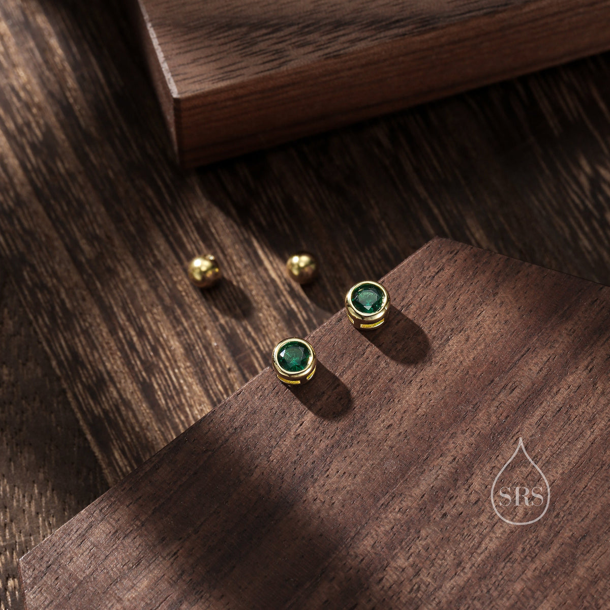 Emerald Green Bezel CZ Crystal Stud Earrings in Sterling Silver, Available in 2mm 3mm 4mm, Silver or Gold, Brilliant Cut CZ Earrings