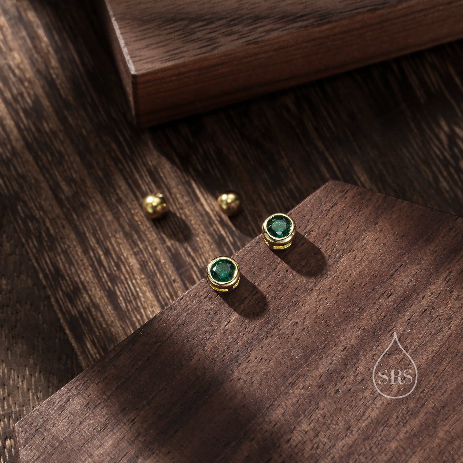 Emerald Green Bezel CZ Crystal Stud Earrings in Sterling Silver, Available in 2mm 3mm 4mm, Silver or Gold, Brilliant Cut CZ Earrings