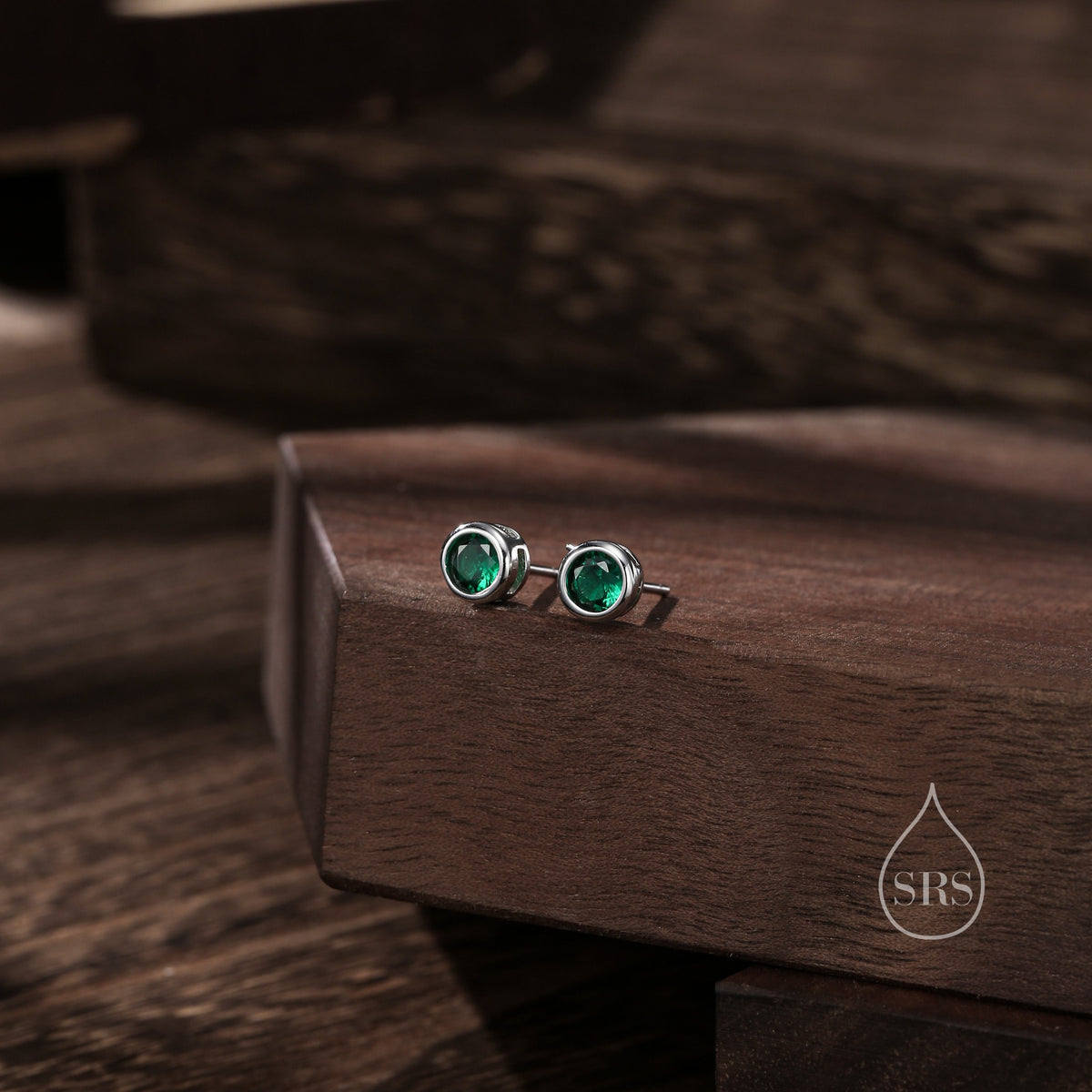 Emerald Green Bezel CZ Crystal Stud Earrings in Sterling Silver, Available in 2mm 3mm 4mm, Silver or Gold, Brilliant Cut CZ Earrings
