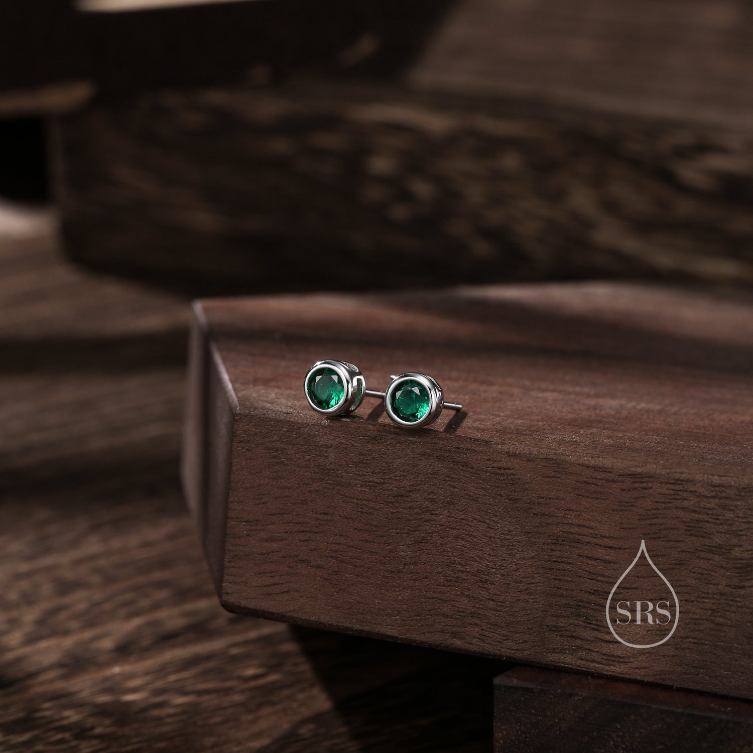 Emerald Green Bezel CZ Crystal Stud Earrings in Sterling Silver, Available in 2mm 3mm 4mm, Silver or Gold, Brilliant Cut CZ Earrings
