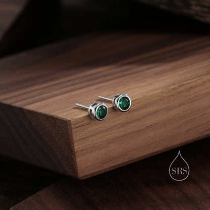 Emerald Green Bezel CZ Crystal Stud Earrings in Sterling Silver, Available in 2mm 3mm 4mm, Silver or Gold, Brilliant Cut CZ Earrings