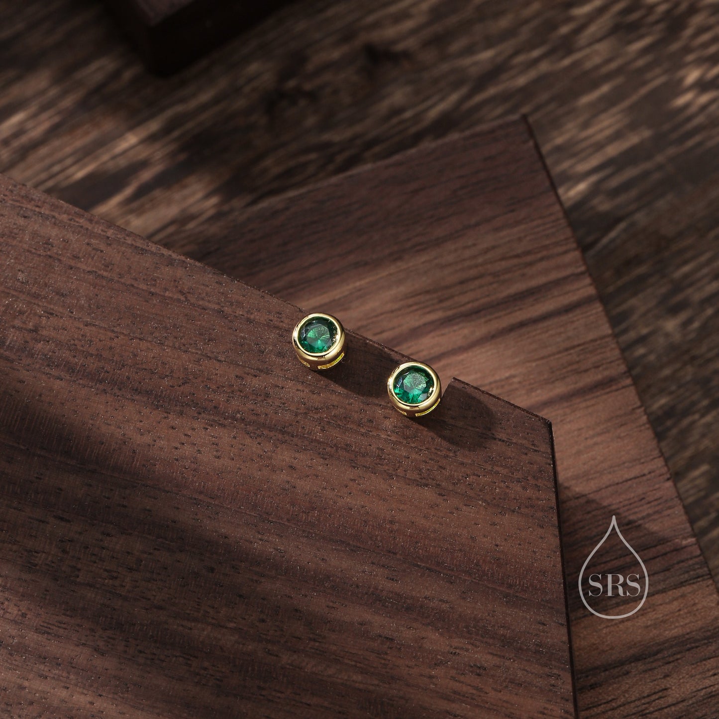 Emerald Green Bezel CZ Crystal Stud Earrings in Sterling Silver, Available in 2mm 3mm 4mm, Silver or Gold, Brilliant Cut CZ Earrings