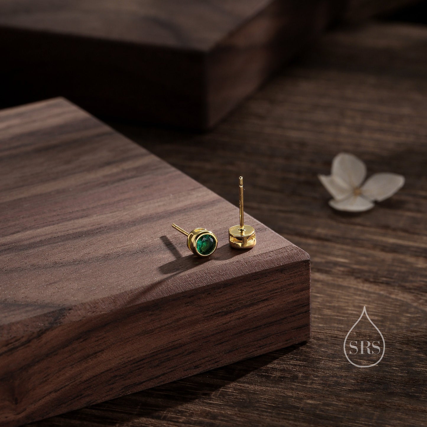 Emerald Green Bezel CZ Crystal Stud Earrings in Sterling Silver, Available in 2mm 3mm 4mm, Silver or Gold, Brilliant Cut CZ Earrings