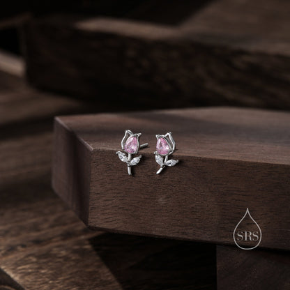 Sterling Silver Tulip Flower CZ Stud Earrings, Silver, Gold or Rose Gold, Pink Tulip Earrings, Floral Earrings, Blossom Earrings, Nature